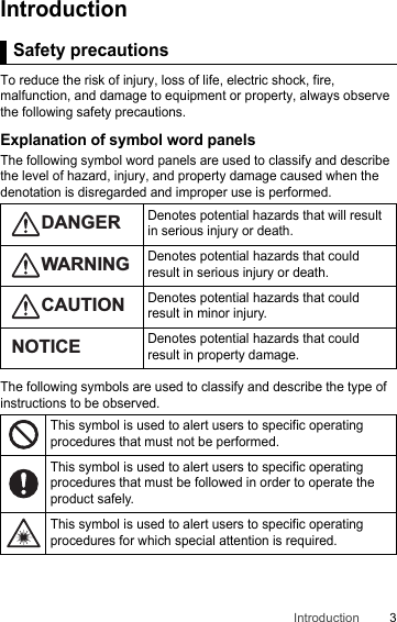 3IntroductionIntroductionSafety precautionsTo reduce the risk of injury, loss of life, electric shock, fire, malfunction, and damage to equipment or property, always observe the following safety precautions.Explanation of symbol word panelsThe following symbol word panels are used to classify and describe the level of hazard, injury, and property damage caused when the denotation is disregarded and improper use is performed.The following symbols are used to classify and describe the type of instructions to be observed.Safety precautionsDenotes potential hazards that will result in serious injury or death.Denotes potential hazards that could result in serious injury or death.Denotes potential hazards that could result in minor injury.Denotes potential hazards that could result in property damage.This symbol is used to alert users to specific operating procedures that must not be performed.This symbol is used to alert users to specific operating procedures that must be followed in order to operate the product safely.This symbol is used to alert users to specific operating procedures for which special attention is required.DANGERWARNINGCAUTIONNOTICE