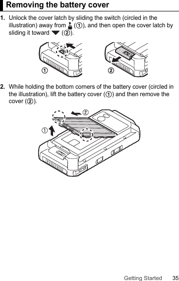35Getting StartedRemoving the battery cover1.Unlock the cover latch by sliding the switch (circled in the illustration) away from   (A), and then open the cover latch by sliding it toward   (B).2.While holding the bottom corners of the battery cover (circled in the illustration), lift the battery cover (A) and then remove the cover (B).Removing the battery coverAB