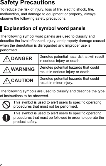 2Safety PrecautionsTo reduce the risk of injury, loss of life, electric shock, fire, malfunction, and damage to equipment or property, always observe the following safety precautions.Explanation of symbol word panelsThe following symbol word panels are used to classify and describe the level of hazard, injury, and property damage caused when the denotation is disregarded and improper use is performed.The following symbols are used to classify and describe the type of instructions to be observed.Explanation of symbol word panelsDenotes potential hazards that will result in serious injury or death.Denotes potential hazards that could result in serious injury or death.Denotes potential hazards that could result in minor injury.This symbol is used to alert users to specific operating procedures that must not be performed.This symbol is used to alert users to specific operating procedures that must be followed in order to operate the product safely.DANGERWARNINGCAUTION