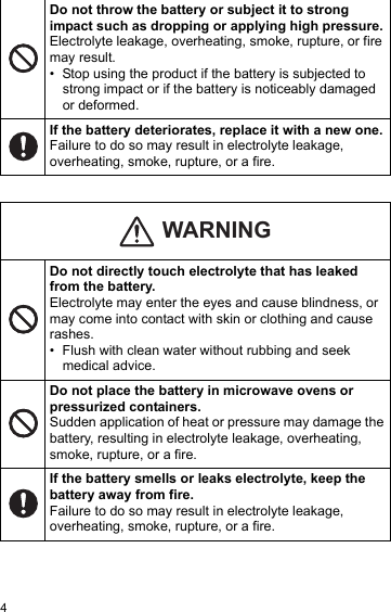 4Do not throw the battery or subject it to strong impact such as dropping or applying high pressure.Electrolyte leakage, overheating, smoke, rupture, or fire may result.• Stop using the product if the battery is subjected to strong impact or if the battery is noticeably damaged or deformed.If the battery deteriorates, replace it with a new one.Failure to do so may result in electrolyte leakage, overheating, smoke, rupture, or a fire.Do not directly touch electrolyte that has leaked from the battery.Electrolyte may enter the eyes and cause blindness, or may come into contact with skin or clothing and cause rashes.• Flush with clean water without rubbing and seek medical advice.Do not place the battery in microwave ovens or pressurized containers.Sudden application of heat or pressure may damage the battery, resulting in electrolyte leakage, overheating, smoke, rupture, or a fire.If the battery smells or leaks electrolyte, keep the battery away from fire.Failure to do so may result in electrolyte leakage, overheating, smoke, rupture, or a fire.WARNING
