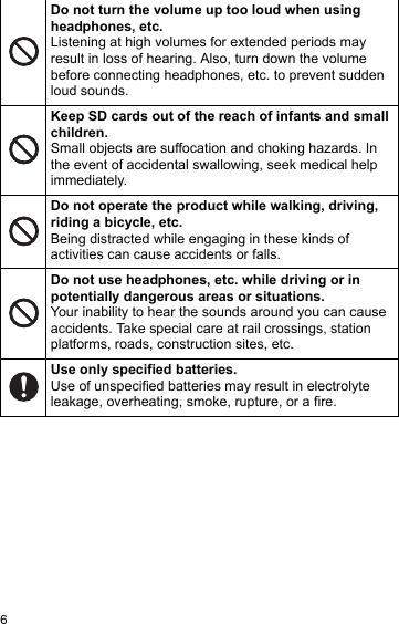 6Do not turn the volume up too loud when using headphones, etc.Listening at high volumes for extended periods may result in loss of hearing. Also, turn down the volume before connecting headphones, etc. to prevent sudden loud sounds.Keep SD cards out of the reach of infants and small children.Small objects are suffocation and choking hazards. In the event of accidental swallowing, seek medical help immediately.Do not operate the product while walking, driving, riding a bicycle, etc.Being distracted while engaging in these kinds of activities can cause accidents or falls.Do not use headphones, etc. while driving or in potentially dangerous areas or situations.Your inability to hear the sounds around you can cause accidents. Take special care at rail crossings, station platforms, roads, construction sites, etc.Use only specified batteries.Use of unspecified batteries may result in electrolyte leakage, overheating, smoke, rupture, or a fire.