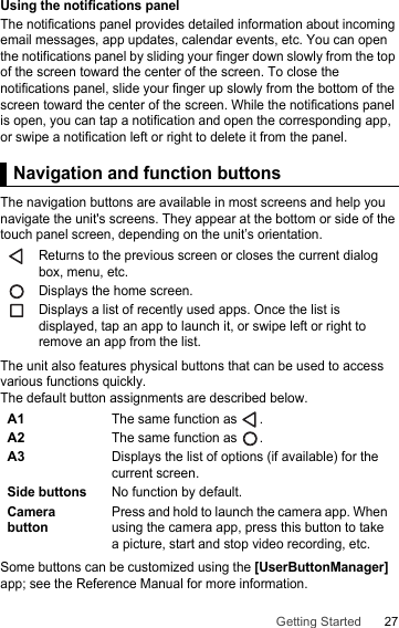 27Getting StartedUsing the notifications panelThe notifications panel provides detailed information about incoming email messages, app updates, calendar events, etc. You can open the notifications panel by sliding your finger down slowly from the top of the screen toward the center of the screen. To close the notifications panel, slide your finger up slowly from the bottom of the screen toward the center of the screen. While the notifications panel is open, you can tap a notification and open the corresponding app, or swipe a notification left or right to delete it from the panel.Navigation and  function buttonsThe navigation buttons are available in most screens and help you navigate the unit&apos;s screens. They appear at the bottom or side of the touch panel screen, depending on the unit’s orientation.The unit also features physical buttons that can be used to access various functions quickly.The default button assignments are described below.Some buttons can be customized using the [UserButtonManager] app; see the Reference Manual for more information.Navigation and function buttonsReturns to the previous screen or closes the current dialog box, menu, etc.Displays the home screen.Displays a list of recently used apps. Once the list is displayed, tap an app to launch it, or swipe left or right to remove an app from the list.A1The same function as  .A2The same function as  .A3Displays the list of options (if available) for the current screen.Side buttonsNo function by default.Camera buttonPress and hold to launch the camera app. When using the camera app, press this button to take a picture, start and stop video recording, etc.