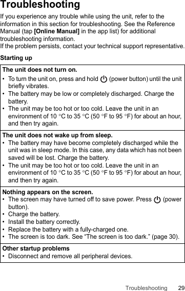 29TroubleshootingTroubleshootingIf you experience any trouble while using the unit, refer to the information in this section for troubleshooting. See the Reference Manual (tap [Online Manual] in the app list) for additional troubleshooting information.If the problem persists, contact your technical support representative.Starting upThe unit does not turn on.• To turn the unit on, press and hold   (power button) until the unit briefly vibrates.• The battery may be low or completely discharged. Charge the battery.• The unit may be too hot or too cold. Leave the unit in an environment of 10 °C to 35 °C (50 °F to 95 °F) for about an hour, and then try again.The unit does not wake up from sleep.• The battery may have become completely discharged while the unit was in sleep mode. In this case, any data which has not been saved will be lost. Charge the battery.• The unit may be too hot or too cold. Leave the unit in an environment of 10 °C to 35 °C (50 °F to 95 °F) for about an hour, and then try again.Nothing appears on the screen.• The screen may have turned off to save power. Press   (power button).• Charge the battery.• Install the battery correctly.• Replace the battery with a fully-charged one.• The screen is too dark. See “The screen is too dark.” (page 30).Other startup problems• Disconnect and remove all peripheral devices.