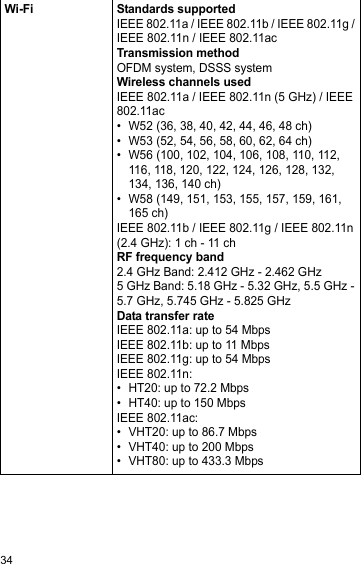 34Wi-Fi Standards supportedIEEE 802.11a / IEEE 802.11b / IEEE 802.11g / IEEE 802.11n / IEEE 802.11acTransmission methodOFDM system, DSSS systemWireless channels usedIEEE 802.11a / IEEE 802.11n (5 GHz) / IEEE 802.11ac• W52 (36, 38, 40, 42, 44, 46, 48 ch)• W53 (52, 54, 56, 58, 60, 62, 64 ch)• W56 (100, 102, 104, 106, 108, 110, 112, 116, 118, 120, 122, 124, 126, 128, 132, 134, 136, 140 ch)• W58 (149, 151, 153, 155, 157, 159, 161, 165 ch)IEEE 802.11b / IEEE 802.11g / IEEE 802.11n (2.4 GHz): 1 ch - 11 chRF frequency band2.4 GHz Band: 2.412 GHz - 2.462 GHz5 GHz Band: 5.18 GHz - 5.32 GHz, 5.5 GHz - 5.7 GHz, 5.745 GHz - 5.825 GHzData transfer rateIEEE 802.11a: up to 54 MbpsIEEE 802.11b: up to 11 MbpsIEEE 802.11g: up to 54 MbpsIEEE 802.11n:• HT20: up to 72.2 Mbps• HT40: up to 150 MbpsIEEE 802.11ac:• VHT20: up to 86.7 Mbps• VHT40: up to 200 Mbps• VHT80: up to 433.3 Mbps