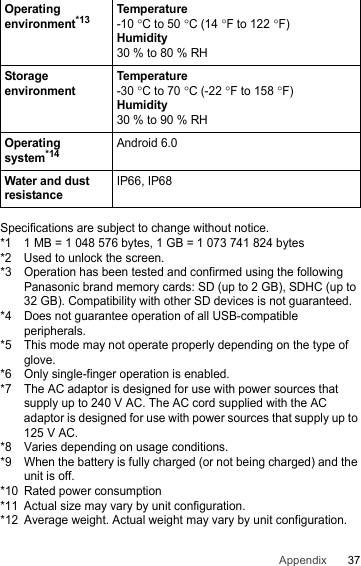 37AppendixSpecifications are subject to change without notice.*1 1 MB = 1 048 576 bytes, 1 GB = 1 073 741 824 bytes*2 Used to unlock the screen.*3 Operation has been tested and confirmed using the following Panasonic brand memory cards: SD (up to 2 GB), SDHC (up to 32 GB). Compatibility with other SD devices is not guaranteed.*4 Does not guarantee operation of all USB-compatible peripherals.*5 This mode may not operate properly depending on the type of glove.*6 Only single-finger operation is enabled.*7 The AC adaptor is designed for use with power sources that supply up to 240 V AC. The AC cord supplied with the AC adaptor is designed for use with power sources that supply up to 125 V AC.*8 Varies depending on usage conditions.*9 When the battery is fully charged (or not being charged) and the unit is off.*10 Rated power consumption*11 Actual size may vary by unit configuration.*12 Average weight. Actual weight may vary by unit configuration.Operating environment*13Temperature-10 °C to 50 °C (14 °F to 122 °F)Humidity30 % to 80 % RHStorage environmentTemperature-30 °C to 70 °C (-22 °F to 158 °F)Humidity30 % to 90 % RHOperating system*14Android 6.0Water and dust resistanceIP66, IP68