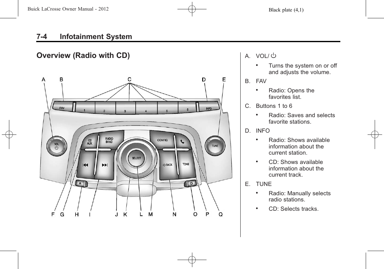 Black plate (4,1)Buick LaCrosse Owner Manual - 20127-4 Infotainment SystemOverview (Radio with CD) A. VOL/ O.Turns the system on or offand adjusts the volume.B. FAV.Radio: Opens thefavorites list.C. Buttons 1 to 6.Radio: Saves and selectsfavorite stations.D. INFO.Radio: Shows availableinformation about thecurrent station..CD: Shows availableinformation about thecurrent track.E. TUNE.Radio: Manually selectsradio stations..CD: Selects tracks.