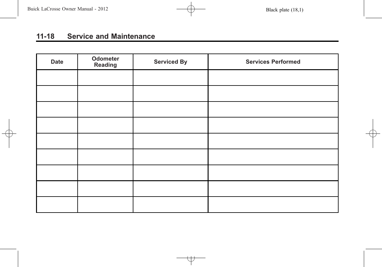 Black plate (18,1)Buick LaCrosse Owner Manual - 201211-18 Service and MaintenanceDate OdometerReading Serviced By Services Performed