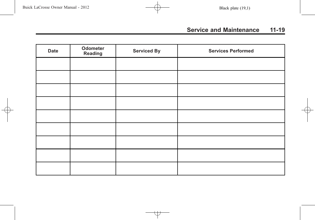 Black plate (19,1)Buick LaCrosse Owner Manual - 2012Service and Maintenance 11-19Date OdometerReading Serviced By Services Performed
