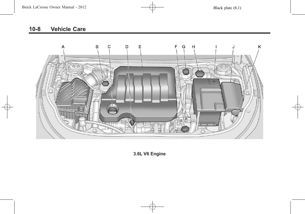 Black plate (8,1)Buick LaCrosse Owner Manual - 201210-8 Vehicle Care3.6L V6 Engine