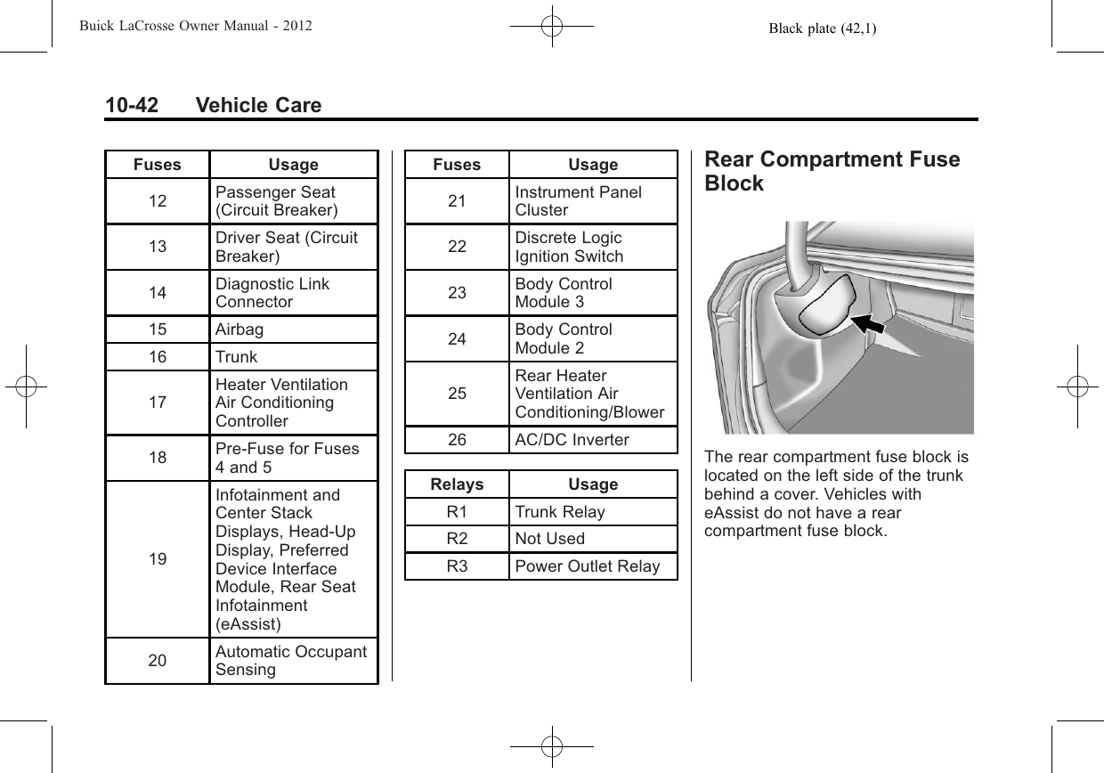 Black plate (42,1)Buick LaCrosse Owner Manual - 201210-42 Vehicle CareFuses Usage12 Passenger Seat(Circuit Breaker)13 Driver Seat (CircuitBreaker)14 Diagnostic LinkConnector15 Airbag16 Trunk17Heater VentilationAir ConditioningController18 Pre‐Fuse for Fuses4 and 519Infotainment andCenter StackDisplays, Head‐UpDisplay, PreferredDevice InterfaceModule, Rear SeatInfotainment(eAssist)20 Automatic OccupantSensingFuses Usage21 Instrument PanelCluster22 Discrete LogicIgnition Switch23 Body ControlModule 324 Body ControlModule 225Rear HeaterVentilation AirConditioning/Blower26 AC/DC InverterRelays UsageR1 Trunk RelayR2 Not UsedR3 Power Outlet RelayRear Compartment FuseBlockThe rear compartment fuse block islocated on the left side of the trunkbehind a cover. Vehicles witheAssist do not have a rearcompartment fuse block.