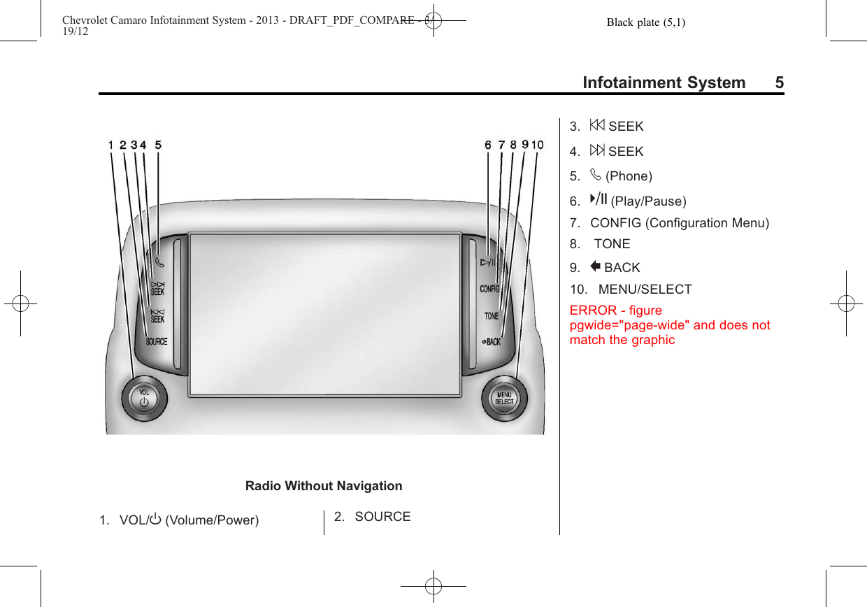 Black plate (5,1)Chevrolet Camaro Infotainment System - 2013 - DRAFT_PDF_COMPARE - 3/19/12Infotainment System 5Radio Without Navigation1. VOL/O(Volume/Power) 2. SOURCE3. 7SEEK4. 6SEEK5. v(Phone)6. k(Play/Pause)7. CONFIG (Configuration Menu)8. TONE9. 0BACK10. MENU/SELECTERROR - figurepgwide=&quot;page-wide&quot; and does notmatch the graphic