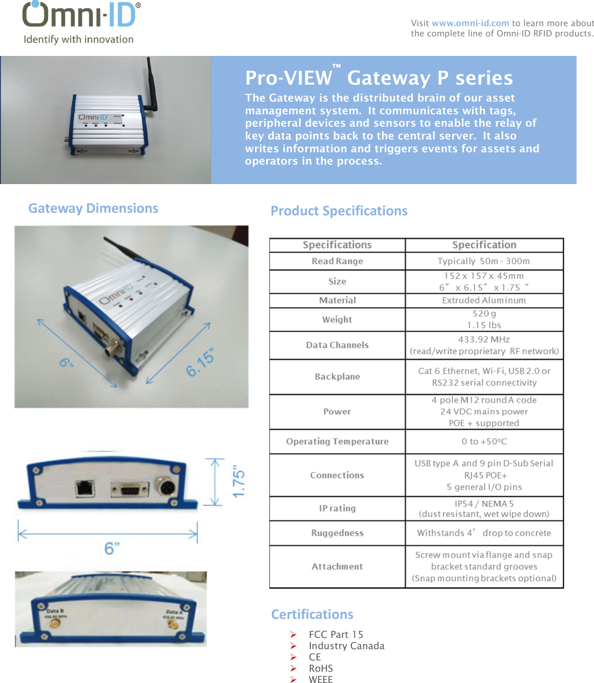  Visit www.omni-id.com to learn more about the complete line of Omni-ID RFID products. Pro-VIEW™ Gateway P series Product Specifications Gateway Dimensions           The Gateway is the distributed brain of our asset management system.  It communicates with tags, peripheral devices and sensors to enable the relay of key data points back to the central server.  It also writes information and triggers events for assets and operators in the process.   FCC Part 15  Industry Canada  CE  RoHS  WEEE Certifications 