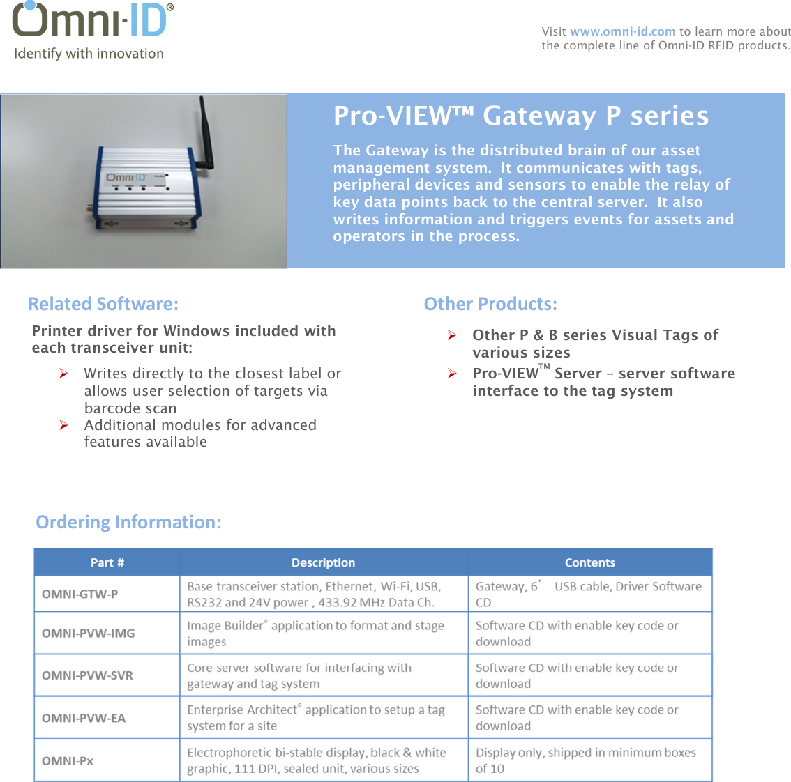  Visit www.omni-id.com to learn more about the complete line of Omni-ID RFID products. Related Software:   Printer driver for Windows included with each transceiver unit:  Writes directly to the closest label or allows user selection of targets via barcode scan  Additional modules for advanced features available  Other P &amp; B series Visual Tags of various sizes  Pro-VIEWTM Server – server software interface to the tag system Other Products:   Ordering Information: Pro-VIEW™ Gateway P series The Gateway is the distributed brain of our asset management system.  It communicates with tags, peripheral devices and sensors to enable the relay of key data points back to the central server.  It also writes information and triggers events for assets and operators in the process.  