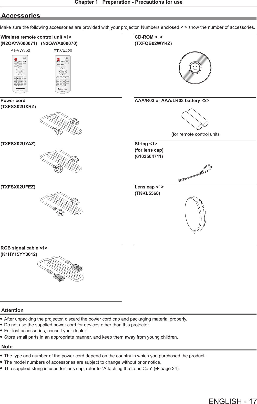 AccessoriesMake sure the following accessories are provided with your projector. Numbers enclosed &lt; &gt; show the number of accessories.Wireless remote control unit &lt;1&gt;(N2QAYA000071)   (N2QAYA000070)CD-ROM &lt;1&gt;(TXFQB02WYKZ)Power cord(TXFSX02UXRZ)AAA/R03 or AAA/LR03 battery &lt;2&gt;(TXFSX02UYAZ) String &lt;1&gt;(for lens cap)(6103504711)(TXFSX02UFEZ) Lens cap &lt;1&gt;(TKKL5568)RGB signal cable &lt;1&gt;(K1HY15YY0012)Attention fAfter unpacking the projector, discard the power cord cap and packaging material properly. fDo not use the supplied power cord for devices other than this projector. fFor lost accessories, consult your dealer. fStore small parts in an appropriate manner, and keep them away from young children.Note fThe type and number of the power cord depend on the country in which you purchased the product. fThe model numbers of accessories are subject to change without prior notice. fThe supplied string is used for lens cap, refer to “Attaching the Lens Cap” (x page 24). (for remote control unit)PT-VW350 PT-VX420ENGLISH - 17Chapter 1   Preparation - Precautions for use