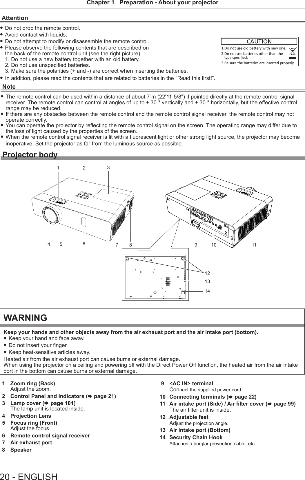 1  Zoom ring (Back)Adjust the zoom.2  Control Panel and Indicators (x page 21)3  Lamp cover (x page 101)The lamp unit is located inside.4  Projection Lens5  Focus ring (Front)Adjust the focus.6  Remote control signal receiver 7  Air exhaust port8  Speaker9  &lt;AC IN&gt; terminalConnect the supplied power cord.10  Connecting terminals (x page 22)11  Air intake port (Side) / Air lter cover (x page 99)The air lter unit is inside.12  Adjustable feetAdjust the projection angle.13  Air intake port (Bottom)14  Security Chain HookAttaches a burglar prevention cable, etc.Note fThe remote control can be used within a distance of about 7 m (22&apos;11-5/8&quot;) if pointed directly at the remote control signal receiver. The remote control can control at angles of up to ± 30 ° vertically and ± 30 ° horizontally, but the effective control range may be reduced. fIf there are any obstacles between the remote control and the remote control signal receiver, the remote control may not operate correctly. fYou can operate the projector by reecting the remote control signal on the screen. The operating range may differ due to the loss of light caused by the properties of the screen. fWhen the remote control signal receiver is lit with a uorescent light or other strong light source, the projector may become inoperative. Set the projector as far from the luminous source as possible.Projector bodyWARNINGKeep your hands and other objects away from the air exhaust port and the air intake port (bottom). fKeep your hand and face away. fDo not insert your nger. fKeep heat-sensitive articles away.Heated air from the air exhaust port can cause burns or external damage.When using the projector on a ceiling and powering off with the Direct Power Off function, the heated air from the air intake port in the bottom can cause burns or external damage.Attention fDo not drop the remote control. fAvoid contact with liquids. fDo not attempt to modify or disassemble the remote control. fPlease observe the following contents that are described on  the back of the remote control unit (see the right picture). 1. Do not use a new battery together with an old battery. 2. Do not use unspecied batteries. 3. Make sure the polarities (+ and -) are correct when inserting the batteries. fIn addition, please read the contents that are related to batteries in the “Read this rst!”.1. 请勿把旧电池和新电池一起使用。2. 请勿使用不合规格的电池。3. 确保电池安装正确。原产地：中国1.Do not use old battery with new one.2.Do not use batteries other than the   type specified.3.Be sure the batteries are inserted properly.Made in China1 2 3467 8 910 11125141320 - ENGLISHChapter 1   Preparation - About your projector