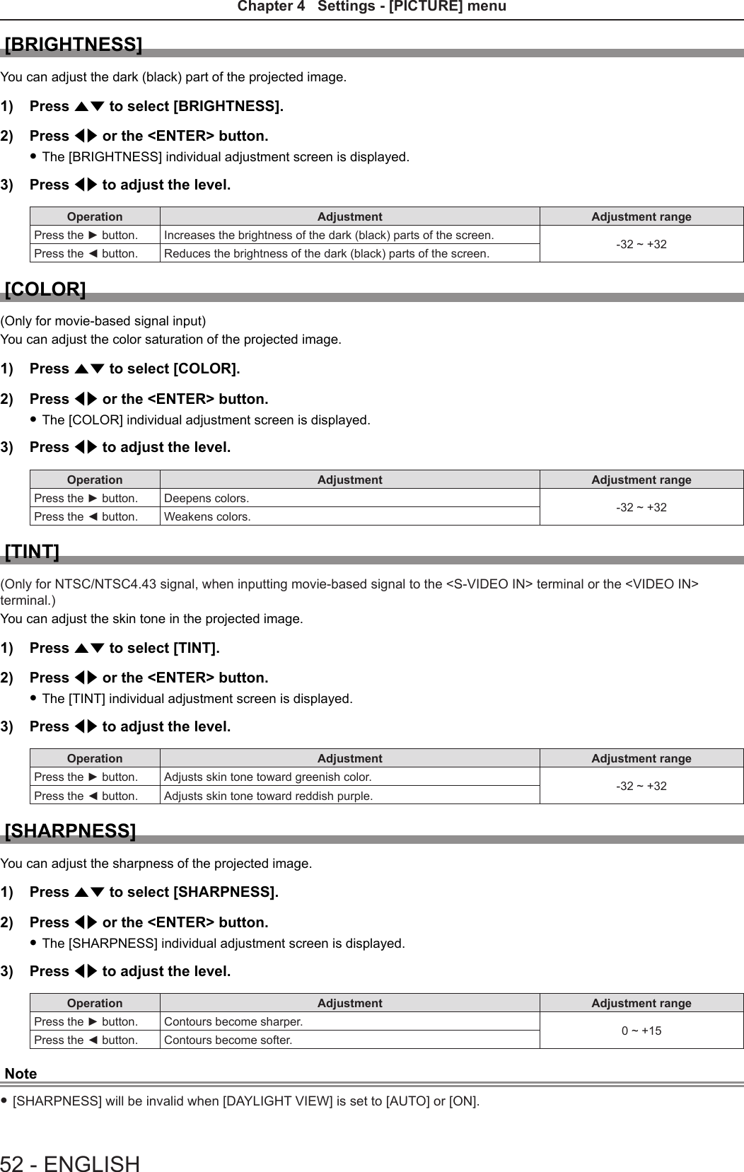 [BRIGHTNESS]You can adjust the dark (black) part of the projected image.1)  Press as to select [BRIGHTNESS].2)  Press qw or the &lt;ENTER&gt; button. fThe [BRIGHTNESS] individual adjustment screen is displayed.3)  Press qw to adjust the level.Operation Adjustment Adjustment rangePress the ► button. Increases the brightness of the dark (black) parts of the screen. -32 ~ +32Press the ◄ button. Reduces the brightness of the dark (black) parts of the screen.[COLOR](Only for movie-based signal input)You can adjust the color saturation of the projected image.1)  Press as to select [COLOR].2)  Press qw or the &lt;ENTER&gt; button. fThe [COLOR] individual adjustment screen is displayed.3)  Press qw to adjust the level.Operation Adjustment Adjustment rangePress the ► button. Deepens colors. -32 ~ +32Press the ◄ button. Weakens colors.[TINT](Only for NTSC/NTSC4.43 signal, when inputting movie-based signal to the &lt;S-VIDEO IN&gt; terminal or the &lt;VIDEO IN&gt; terminal.)You can adjust the skin tone in the projected image.1)  Press as to select [TINT].2)  Press qw or the &lt;ENTER&gt; button. fThe [TINT] individual adjustment screen is displayed.3)  Press qw to adjust the level.Operation Adjustment Adjustment rangePress the ► button. Adjusts skin tone toward greenish color. -32 ~ +32Press the ◄ button. Adjusts skin tone toward reddish purple.[SHARPNESS]You can adjust the sharpness of the projected image.1)  Press as to select [SHARPNESS].2)  Press qw or the &lt;ENTER&gt; button. fThe [SHARPNESS] individual adjustment screen is displayed.3)  Press qw to adjust the level.Operation Adjustment Adjustment rangePress the ► button. Contours become sharper. 0 ~ +15Press the ◄ button. Contours become softer.Note f[SHARPNESS] will be invalid when [DAYLIGHT VIEW] is set to [AUTO] or [ON].52 - ENGLISHChapter 4   Settings - [PICTURE] menu