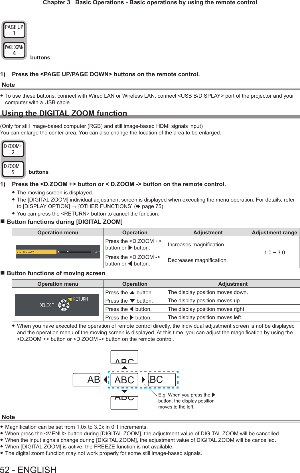  buttons 1)  Press the &lt;PAGE UP/PAGE DOWN&gt; buttons on the remote control.Note fTo use these buttons, connect with Wired LAN or Wireless LAN, connect &lt;USB B/DISPLAY&gt; port of the projector and your computer with a USB cable.Using the DIGITAL ZOOM function(Only for still image-based computer (RGB) and still image-based HDMI signals input)You can enlarge the center area. You can also change the location of the area to be enlarged.  buttons1)  Press the &lt;D.ZOOM +&gt; button or &lt; D.ZOOM -&gt; button on the remote control. fThe moving screen is displayed. fThe [DIGITAL ZOOM] individual adjustment screen is displayed when executing the menu operation. For details, refer to [DISPLAY OPTION] → [OTHER FUNCTIONS] (x page 75). fYou can press the &lt;RETURN&gt; button to cancel the function. rButton functions during [DIGITAL ZOOM]Operation menu Operation Adjustment Adjustment rangePress the &lt;D.ZOOM +&gt; button or w button. Increases magnication.1.0 ~ 3.0Press the &lt;D.ZOOM -&gt; button or q button. Decreases magnication. rButton functions of moving screenOperation menu Operation AdjustmentPress the a button. The display position moves down.Press the s button. The display position moves up.Press the q button. The display position moves right.Press the w button. The display position moves left. fWhen you have executed the operation of remote control directly, the individual adjustment screen is not be displayed and the operation menu of the moving screen is displayed. At this time, you can adjust the magnication by using the &lt;D.ZOOM +&gt; button or &lt;D.ZOOM -&gt; button on the remote control.Note fMagnication can be set from 1.0x to 3.0x in 0.1 increments. fWhen press the &lt;MENU&gt; button during [DIGITAL ZOOM], the adjustment value of DIGITAL ZOOM will be cancelled. fWhen the input signals change during [DIGITAL ZOOM], the adjustment value of DIGITAL ZOOM will be cancelled. fWhen [DIGITAL ZOOM] is active, the FREEZE function is not available. fThe digital zoom function may not work properly for some still image-based signals.ABCABCABCABCABC図1E.g. When you press the w button, the display position moves to the left.52 - ENGLISHChapter 3   Basic Operations - Basic operations by using the remote control