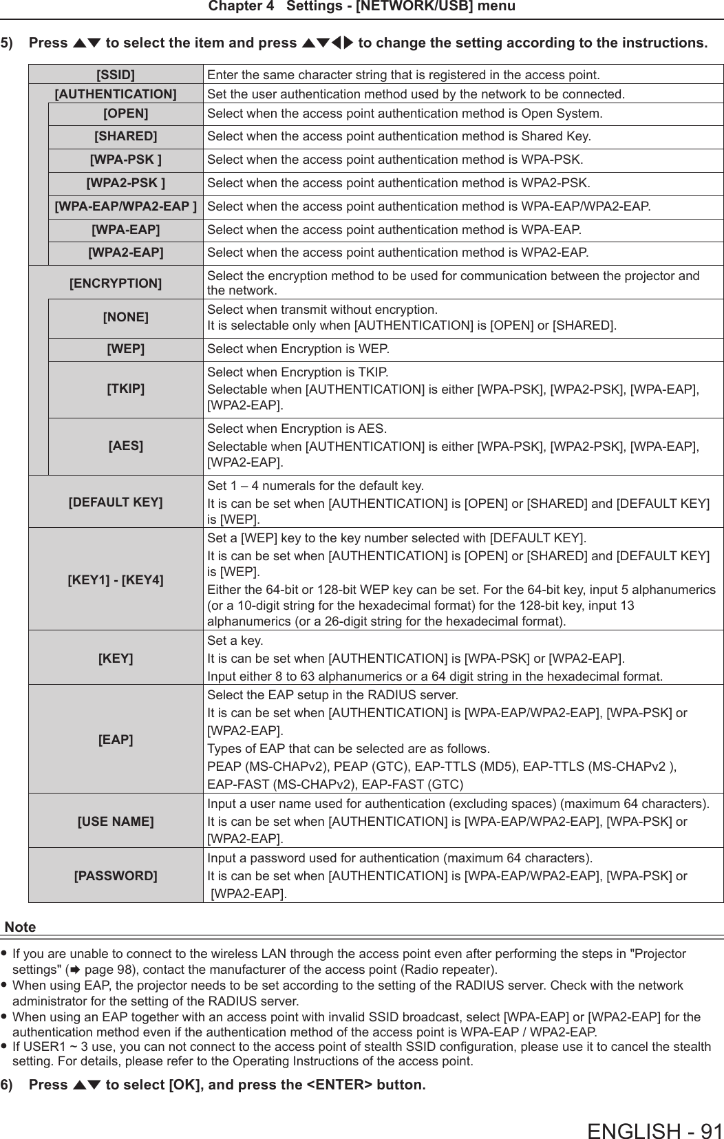 5)  Press as to select the item and press asqw to change the setting according to the instructions.[SSID]  Enter the same character string that is registered in the access point.[AUTHENTICATION] Set the user authentication method used by the network to be connected.[OPEN] Select when the access point authentication method is Open System.[SHARED] Select when the access point authentication method is Shared Key.[WPA-PSK ] Select when the access point authentication method is WPA-PSK.[WPA2-PSK ] Select when the access point authentication method is WPA2-PSK.[WPA-EAP/WPA2-EAP ] Select when the access point authentication method is WPA-EAP/WPA2-EAP.[WPA-EAP] Select when the access point authentication method is WPA-EAP.[WPA2-EAP] Select when the access point authentication method is WPA2-EAP.[ENCRYPTION] Select the encryption method to be used for communication between the projector and the network.[NONE] Select when transmit without encryption.  It is selectable only when [AUTHENTICATION] is [OPEN] or [SHARED].[WEP] Select when Encryption is WEP.[TKIP] Select when Encryption is TKIP.Selectable when [AUTHENTICATION] is either [WPA-PSK], [WPA2-PSK], [WPA-EAP], [WPA2-EAP].[AES] Select when Encryption is AES.Selectable when [AUTHENTICATION] is either [WPA-PSK], [WPA2-PSK], [WPA-EAP], [WPA2-EAP].[DEFAULT KEY]Set 1 – 4 numerals for the default key.It is can be set when [AUTHENTICATION] is [OPEN] or [SHARED] and [DEFAULT KEY] is [WEP].[KEY1] - [KEY4]Set a [WEP] key to the key number selected with [DEFAULT KEY].It is can be set when [AUTHENTICATION] is [OPEN] or [SHARED] and [DEFAULT KEY] is [WEP].Either the 64-bit or 128-bit WEP key can be set. For the 64-bit key, input 5 alphanumerics (or a 10-digit string for the hexadecimal format) for the 128-bit key, input 13 alphanumerics (or a 26-digit string for the hexadecimal format).[KEY]Set a key. It is can be set when [AUTHENTICATION] is [WPA-PSK] or [WPA2-EAP].Input either 8 to 63 alphanumerics or a 64 digit string in the hexadecimal format.[EAP]Select the EAP setup in the RADIUS server. It is can be set when [AUTHENTICATION] is [WPA-EAP/WPA2-EAP], [WPA-PSK] or [WPA2-EAP].Types of EAP that can be selected are as follows.PEAP (MS-CHAPv2), PEAP (GTC), EAP-TTLS (MD5), EAP-TTLS (MS-CHAPv2 ), EAP-FAST (MS-CHAPv2), EAP-FAST (GTC)[USE NAME]Input a user name used for authentication (excluding spaces) (maximum 64 characters).It is can be set when [AUTHENTICATION] is [WPA-EAP/WPA2-EAP], [WPA-PSK] or [WPA2-EAP].[PASSWORD]Input a password used for authentication (maximum 64 characters).It is can be set when [AUTHENTICATION] is [WPA-EAP/WPA2-EAP], [WPA-PSK] or [WPA2-EAP].Note fIf you are unable to connect to the wireless LAN through the access point even after performing the steps in &quot;Projector settings&quot; (x page 98), contact the manufacturer of the access point (Radio repeater). fWhen using EAP, the projector needs to be set according to the setting of the RADIUS server. Check with the network administrator for the setting of the RADIUS server. fWhen using an EAP together with an access point with invalid SSID broadcast, select [WPA-EAP] or [WPA2-EAP] for the authentication method even if the authentication method of the access point is WPA-EAP / WPA2-EAP. fIf USER1 ~ 3 use, you can not connect to the access point of stealth SSID conguration, please use it to cancel the stealth setting. For details, please refer to the Operating Instructions of the access point.6)  Press as to select [OK], and press the &lt;ENTER&gt; button.ENGLISH - 91Chapter 4   Settings - [NETWORK/USB] menu