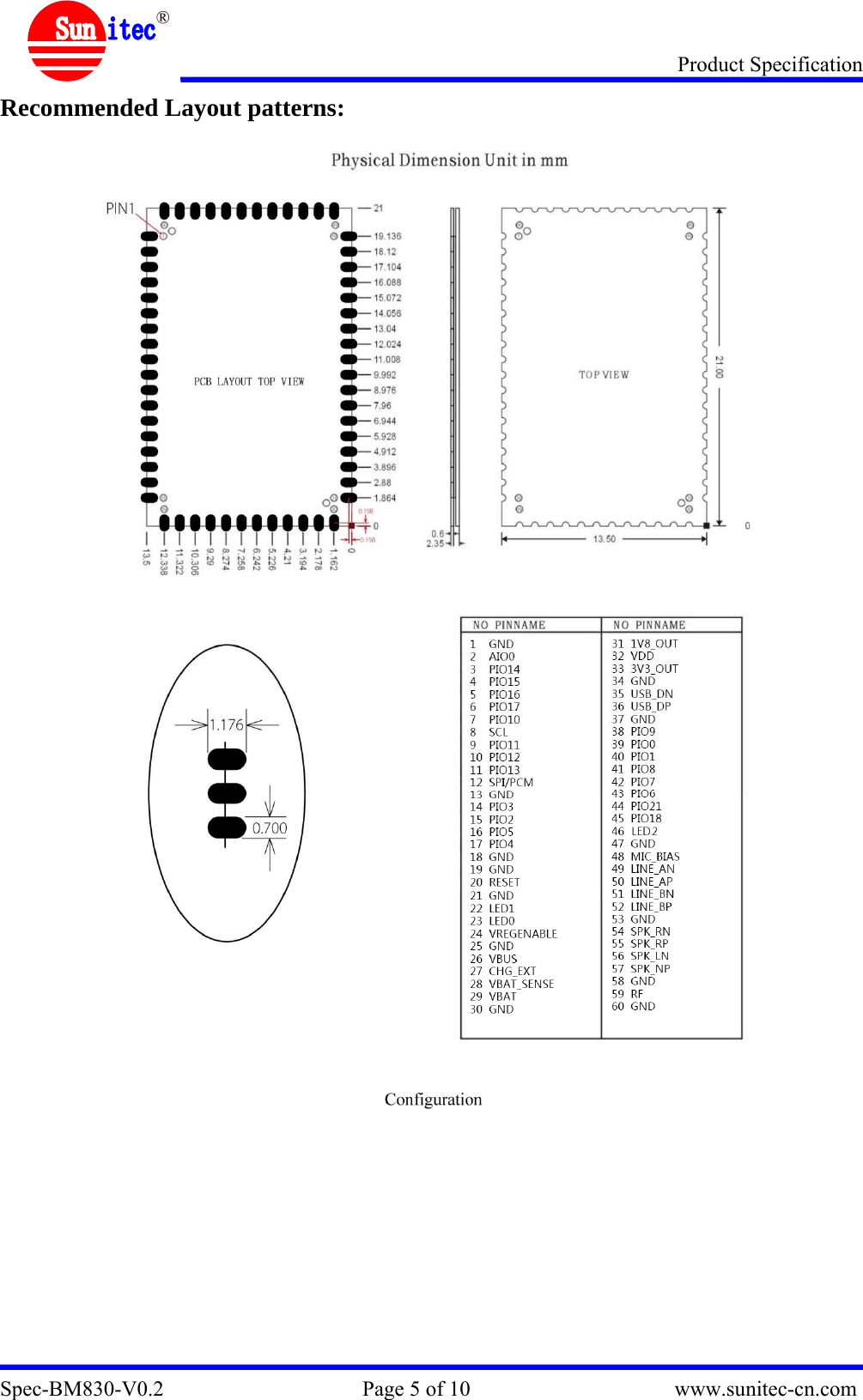 Product Specification Spec-BM830-V0.2                                     Page 5 of 10                                      www.sunitec-cn.com  ® Recommended Layout patterns:     