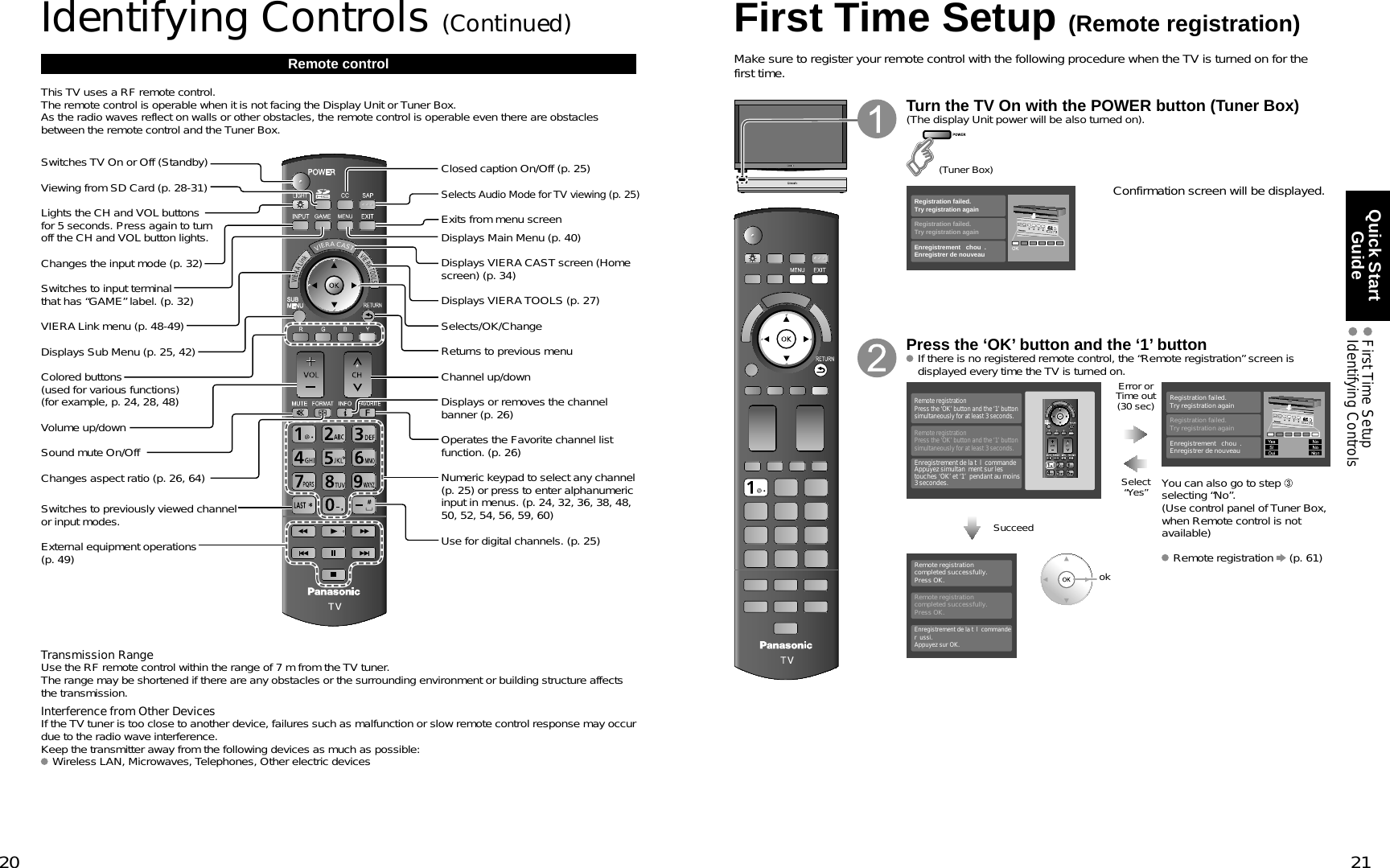 20 21Quick Start Guide  First Time Setup Identifying ControlsVIERACASTVIERATOOLSVIERALinkRemote controlSwitches TV On or Off (Standby)Viewing from SD Card (p. 28-31)Lights the CH and VOL buttons for 5 seconds. Press again to turn off the CH and VOL button lights.Changes the input mode (p. 32)Switches to input terminal that has “GAME” label. (p. 32)VIERA Link menu (p. 48-49)Displays Sub Menu (p. 25, 42)Colored buttons (used for various functions)(for example, p. 24, 28, 48)Volume up/downSound mute On/OffChanges aspect ratio (p. 26, 64)Switches to previously viewed channel or input modes.External equipment operations (p. 49)Closed caption On/Off (p. 25)Selects Audio Mode for TV viewing (p. 25)Exits from menu screenDisplays Main Menu (p. 40)Displays VIERA CAST screen (Home screen) (p. 34)Displays VIERA TOOLS (p. 27)Selects/OK/ChangeReturns to previous menuChannel up/downDisplays or removes the channel banner (p. 26)Operates the Favorite channel list function. (p. 26)Numeric keypad to select any channel (p. 25) or press to enter alphanumeric input in menus. (p. 24, 32, 36, 38, 48, 50, 52, 54, 56, 59, 60)Use for digital channels. (p. 25)First Time Setup (Remote registration)Make sure to register your remote control with the following procedure when the TV is turned on for the first time.Turn the TV On with the POWER button (Tuner Box)(The display Unit power will be also turned on).(Tuner Box)Registration failed.Try registration againEnregistrement chou .Enregistrer de nouveau Registration failed.Try registration againCHVOLINPUT/OKMENUConfirmation screen will be displayed.Press the ‘OK’ button and the ‘1’ button If there is no registered remote control, the “Remote registration” screen is displayed every time the TV is turned on.VIERACASTVIERATOOLSVIERALinkRemote registrationPress the ‘OK’ button and the ‘1’ button simultaneously for at least 3 seconds.Remote registrationPress the ‘OK’ button and the ‘1’ button simultaneously for at least 3 seconds.Enregistrement de la t l commandeAppuyez simultan ment sur les touches ‘OK’ et ‘1’  pendant au moins 3 secondes.Error orTime out(30 sec)Registration failed.Try registration againEnregistrement chou .Enregistrer de nouveau Registration failed.Try registration againCHVOLINPUT/OKMENUSelect“Yes” You can also go to step selecting “No”. (Use control panel of Tuner Box, when Remote control is not available)SucceedRemote registration completed successfully.Press OK.Remote registration completed successfully.Press OK.Enregistrement de la t l commande r ussi.Appuyez sur OK.ok Remote registration   (p. 61)Identifying Controls (Continued)This TV uses a RF remote control. The remote control is operable when it is not facing the Display Unit or Tuner Box.As the radio waves reflect on walls or other obstacles, the remote control is operable even there are obstacles between the remote control and the Tuner Box.Transmission RangeUse the RF remote control within the range of 7 m from the TV tuner.The range may be shortened if there are any obstacles or the surrounding environment or building structure affects the transmission.Interference from Other DevicesIf the TV tuner is too close to another device, failures such as malfunction or slow remote control response may occur due to the radio wave interference. Keep the transmitter away from the following devices as much as possible:  Wireless LAN, Microwaves, Telephones, Other electric devices