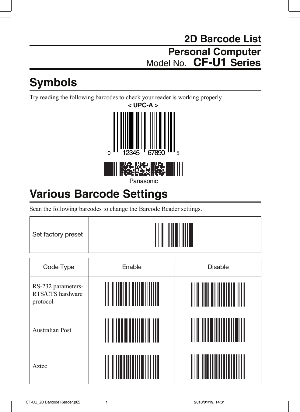 Page 1 of 8 - Panasonic CF-U1G/J/K Windows XP Pro / 7 (Apr 28‚ 2010) CF-U1_2D Barcode Reader.p65 User Manual : 2D List (English) U1mk2-si41d Bcr-dfqx5723za-xp7pro-nonlogo-M-p20100049