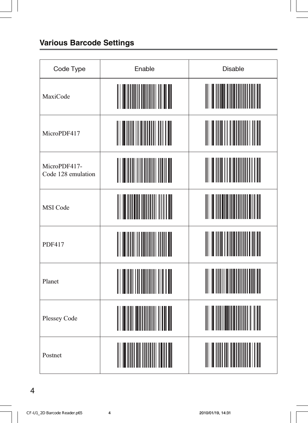 Page 4 of 8 - Panasonic CF-U1G/J/K Windows XP Pro / 7 (Apr 28‚ 2010) CF-U1_2D Barcode Reader.p65 User Manual : 2D List (English) U1mk2-si41d Bcr-dfqx5723za-xp7pro-nonlogo-M-p20100049
