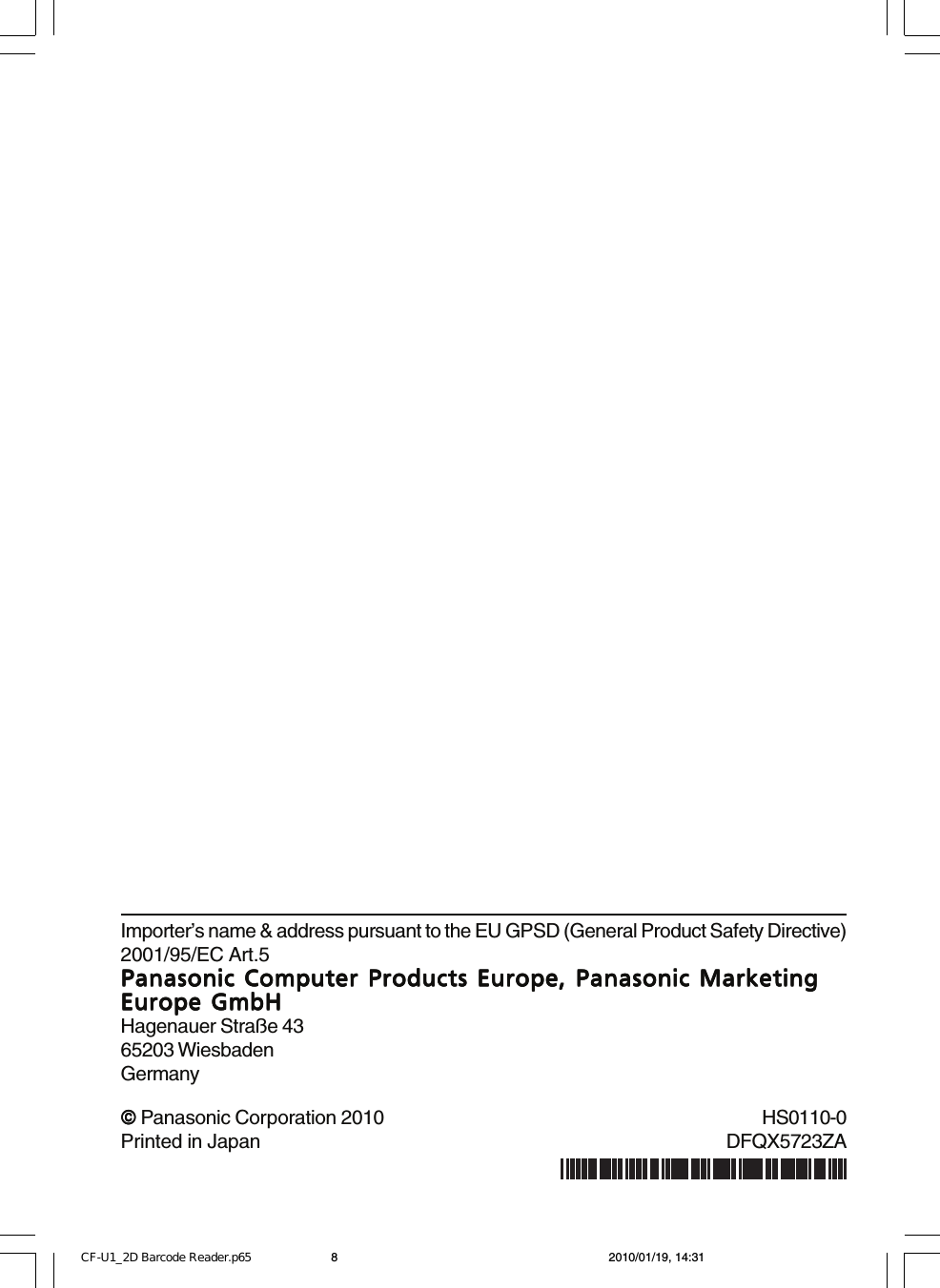 Page 8 of 8 - Panasonic CF-U1G/J/K Windows XP Pro / 7 (Apr 28‚ 2010) CF-U1_2D Barcode Reader.p65 User Manual : 2D List (English) U1mk2-si41d Bcr-dfqx5723za-xp7pro-nonlogo-M-p20100049