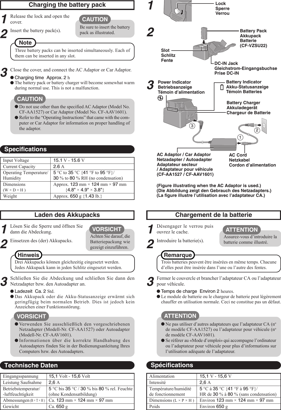 Page 2 of 4 - Panasonic CF-VCBxxx (Battery Charger) Operating Instructions User Manual : (English/German/French) VCBP12U U OI ZA