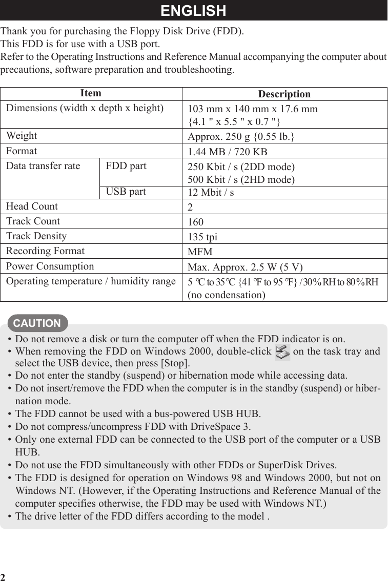 Page 2 of 8 - Panasonic CF-VFDxxx (External FDD) OPERATING INSTRUCTIONS User Manual : (English/German/French)(Revision) VFDU03 EGF OI ZB