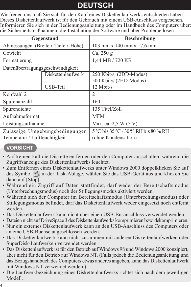 Page 4 of 8 - Panasonic CF-VFDxxx (External FDD) OPERATING INSTRUCTIONS User Manual : (English/German/French)(Revision) VFDU03 EGF OI ZB