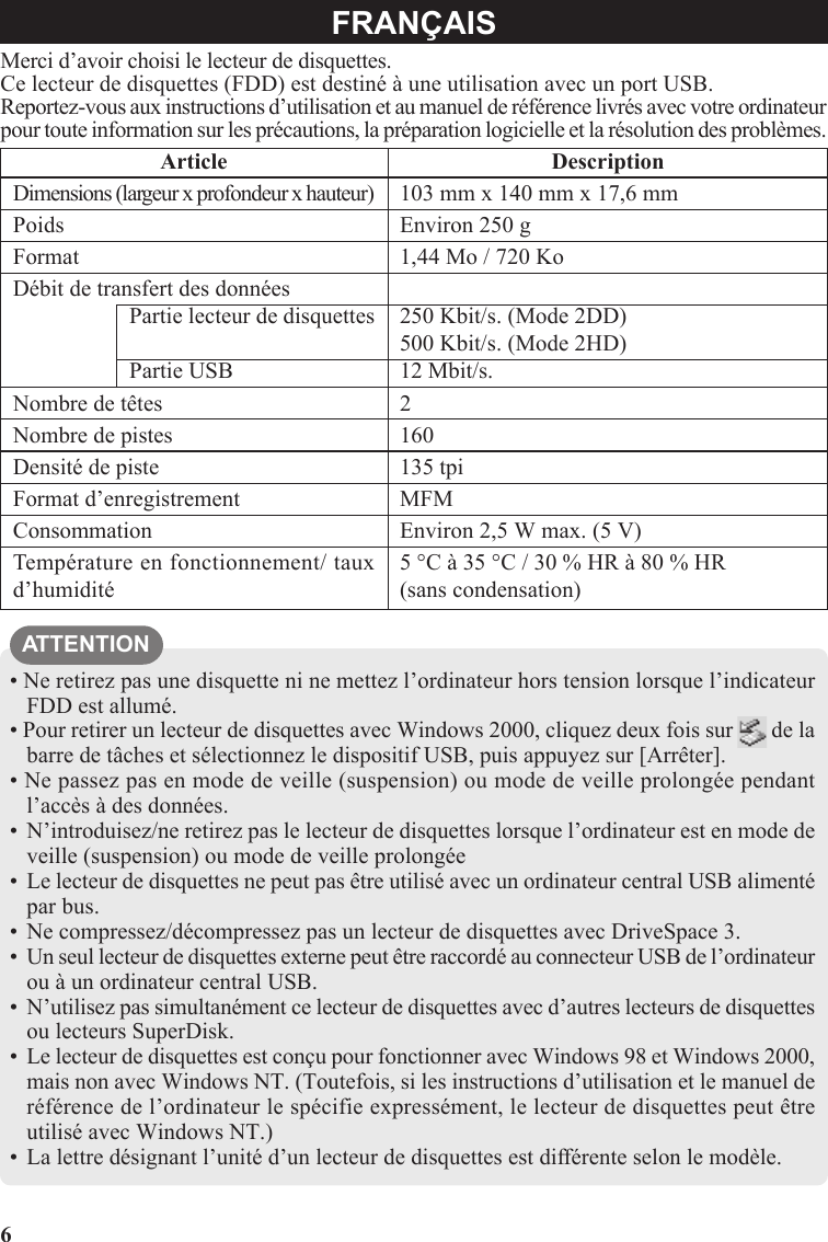 Page 6 of 8 - Panasonic CF-VFDxxx (External FDD) OPERATING INSTRUCTIONS User Manual : (English/German/French)(Revision) VFDU03 EGF OI ZB