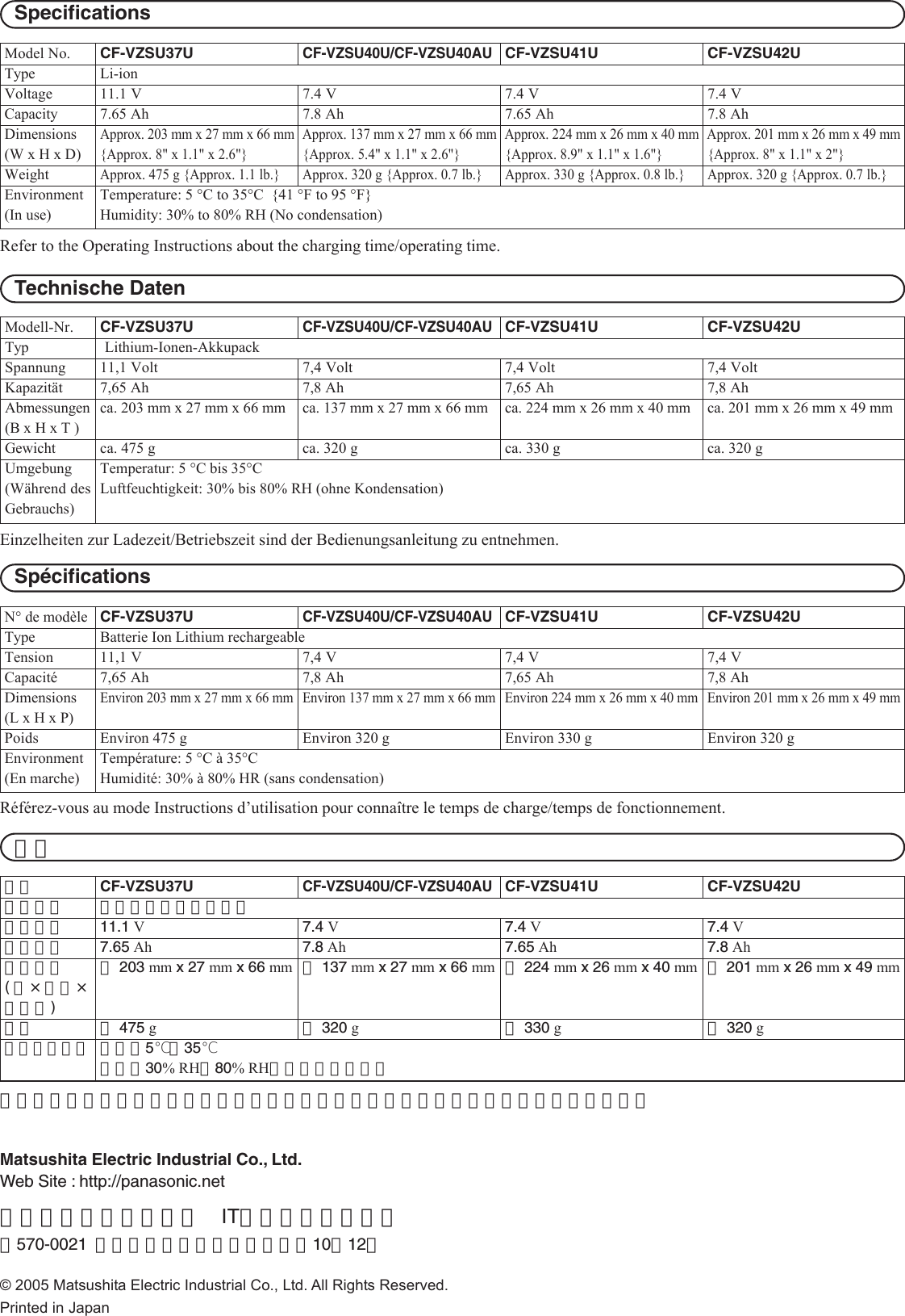 Page 4 of 4 - Panasonic CF-VZSxxx (Battery Pack) Operating Instructions User Manual : (English/German/French/Japanese) VZSU37 40 41 42 U OI XA