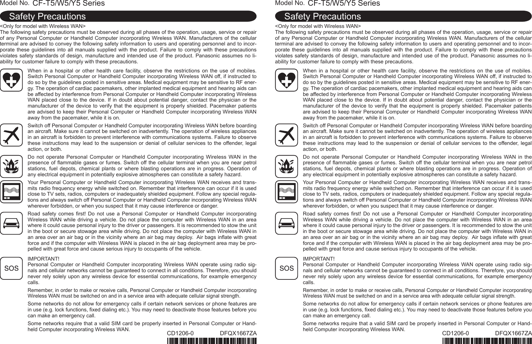 Page 1 of 1 - Panasonic CF-Y5 (Jan 18‚ 2007) DFQX1667ZA_A5(-)x2 User Manual : Safety Precautions (English) (Same As CF-W5‚ CF-T5) T5w5y5-si4evdo-dfqx1667za-non-nonlogo-M-p20070067