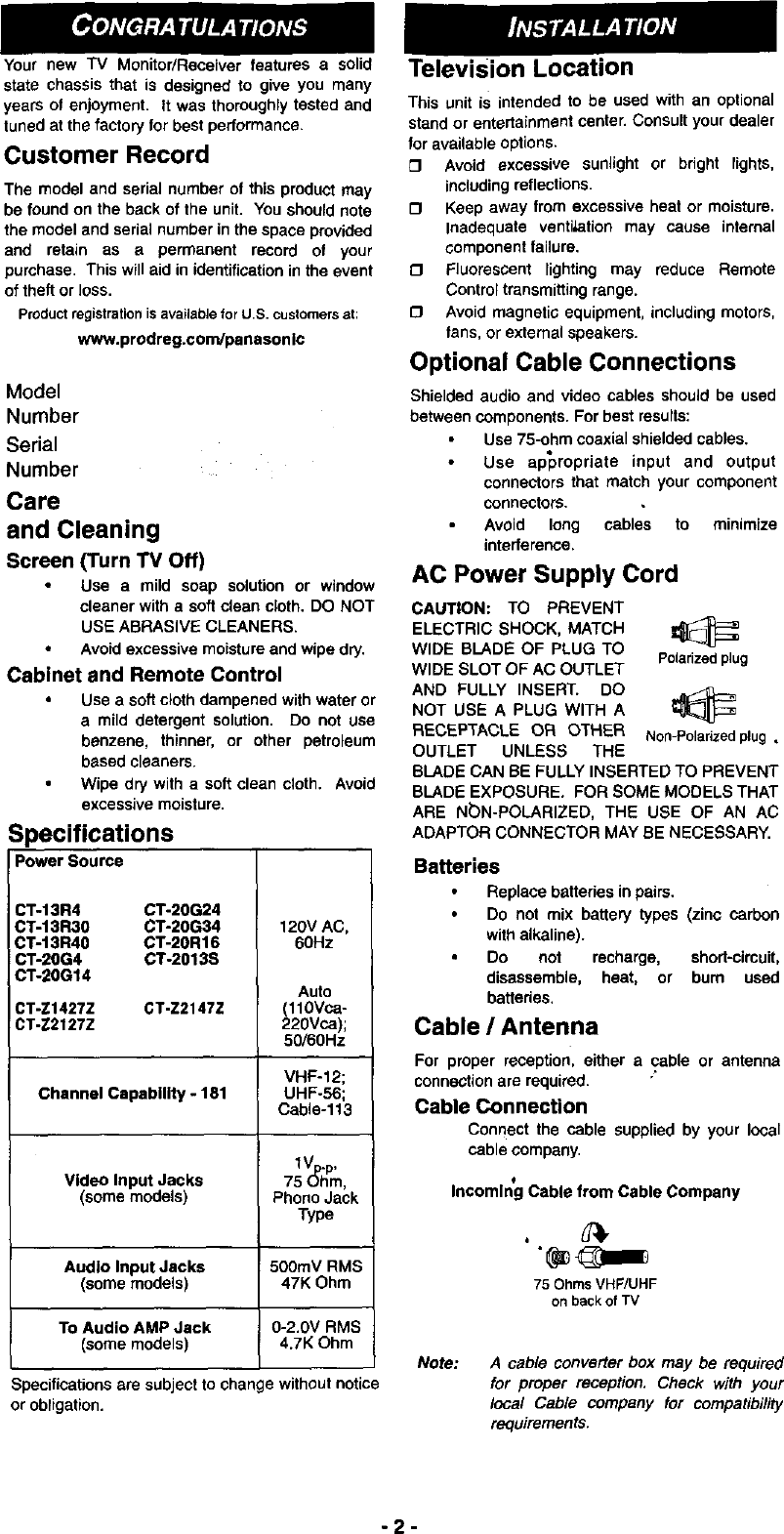 Page 2 of 8 - Panasonic CT-13R30A User Manual COLOR TELEVISION - Manuals And Guides L9050372