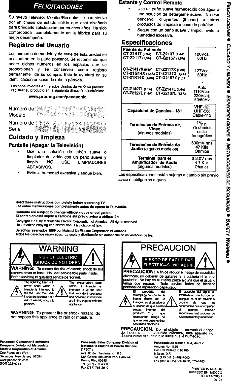 Page 8 of 8 - Panasonic CT-13R30A User Manual COLOR TELEVISION - Manuals And Guides L9050372