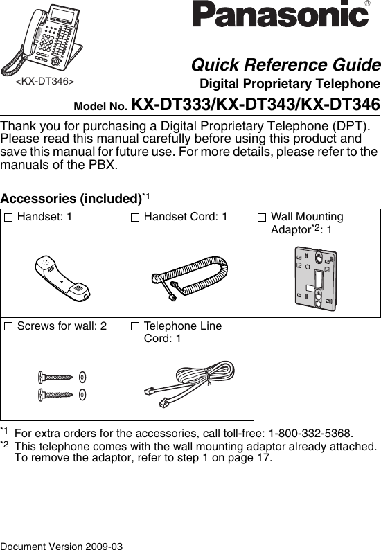 Panasonic Kx Dt333 Reference Guide DT333_343_346M_QRG