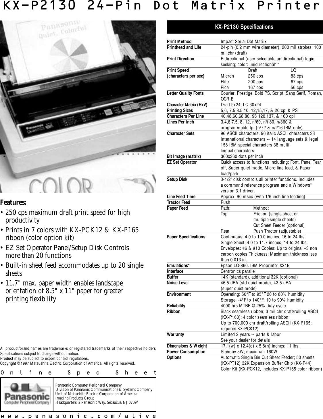 Page 1 of 1 - Panasonic Panasonic-Kx-P2130-Specification-Sheet- Panasonic-kx-p2130-specification-sheet
