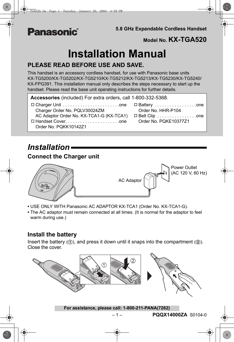 Page 1 of 12 - Panasonic Panasonic-Kx-Tga520M-Owner-S-Manual TGA520