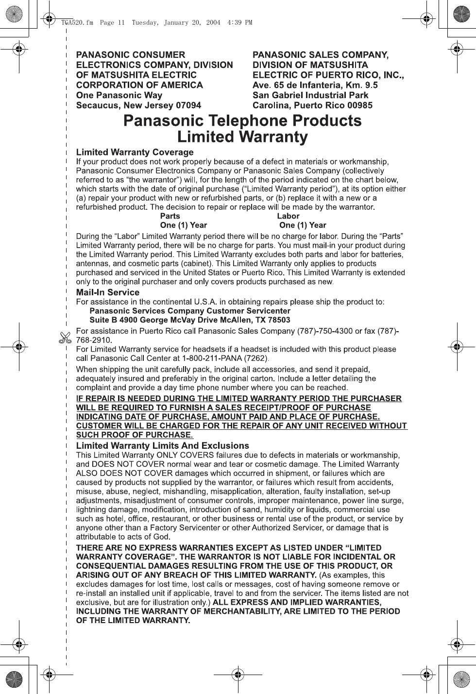 Page 11 of 12 - Panasonic Panasonic-Kx-Tga520M-Owner-S-Manual TGA520