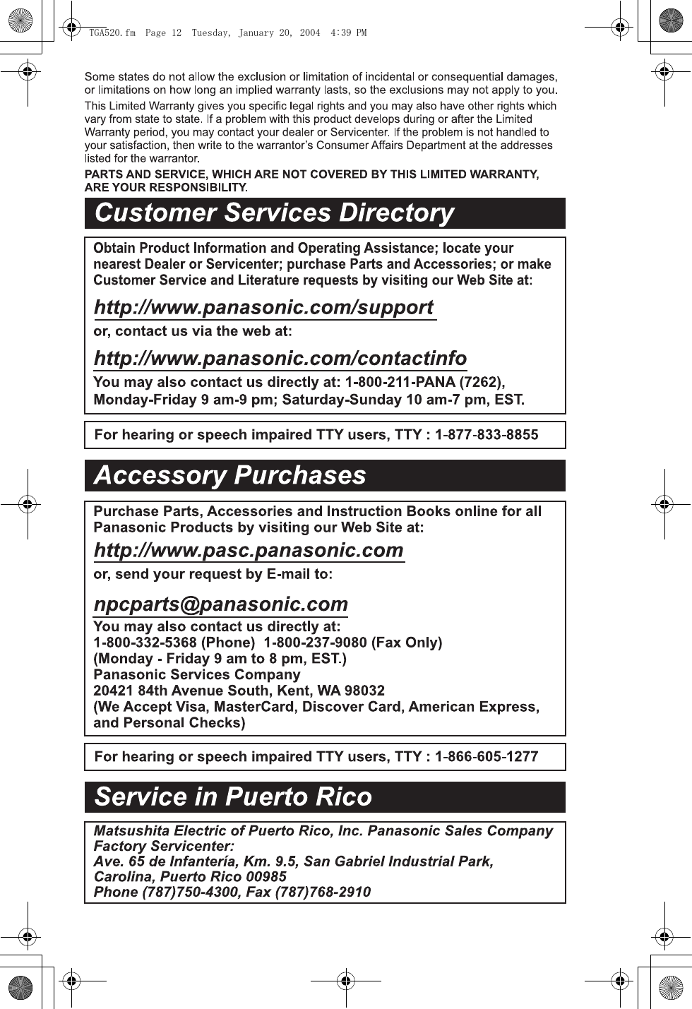 Page 12 of 12 - Panasonic Panasonic-Kx-Tga520M-Owner-S-Manual TGA520