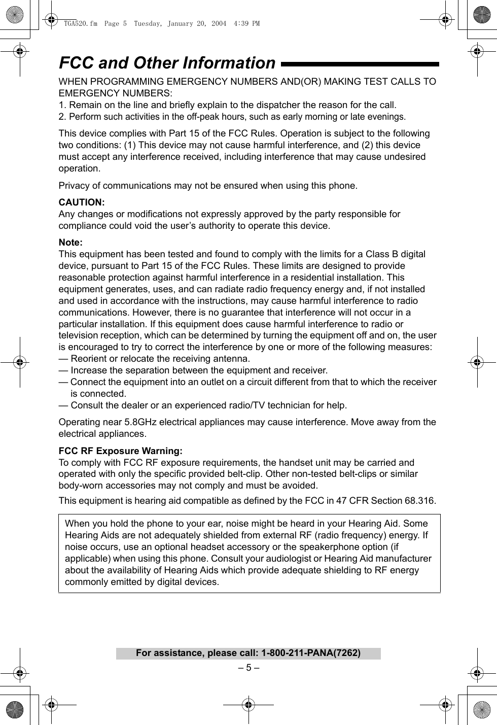 Page 5 of 12 - Panasonic Panasonic-Kx-Tga520M-Owner-S-Manual TGA520