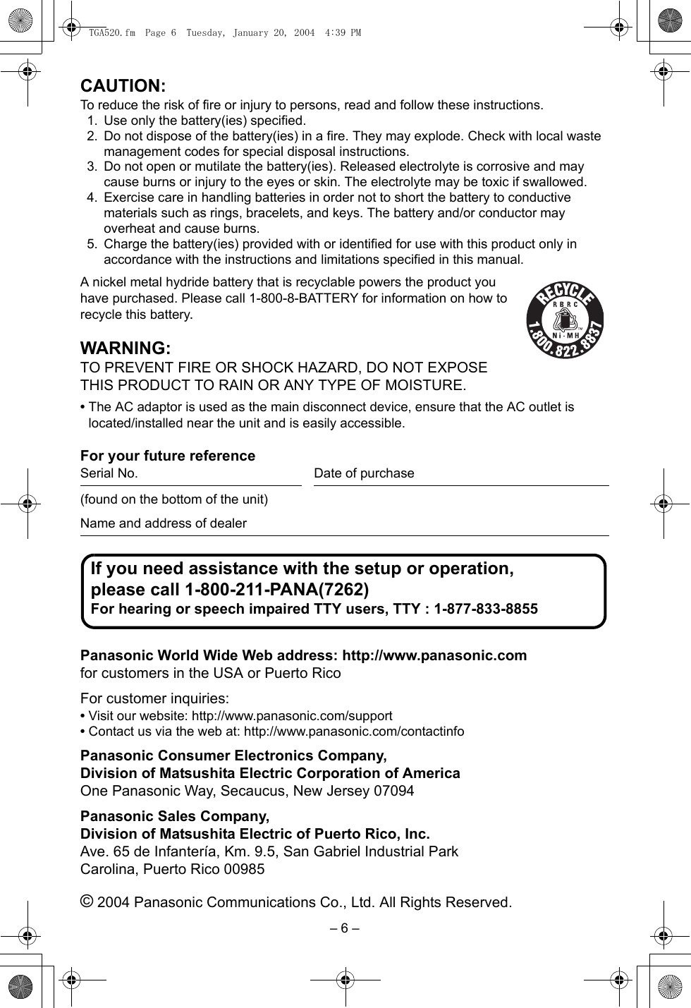 Page 6 of 12 - Panasonic Panasonic-Kx-Tga520M-Owner-S-Manual TGA520
