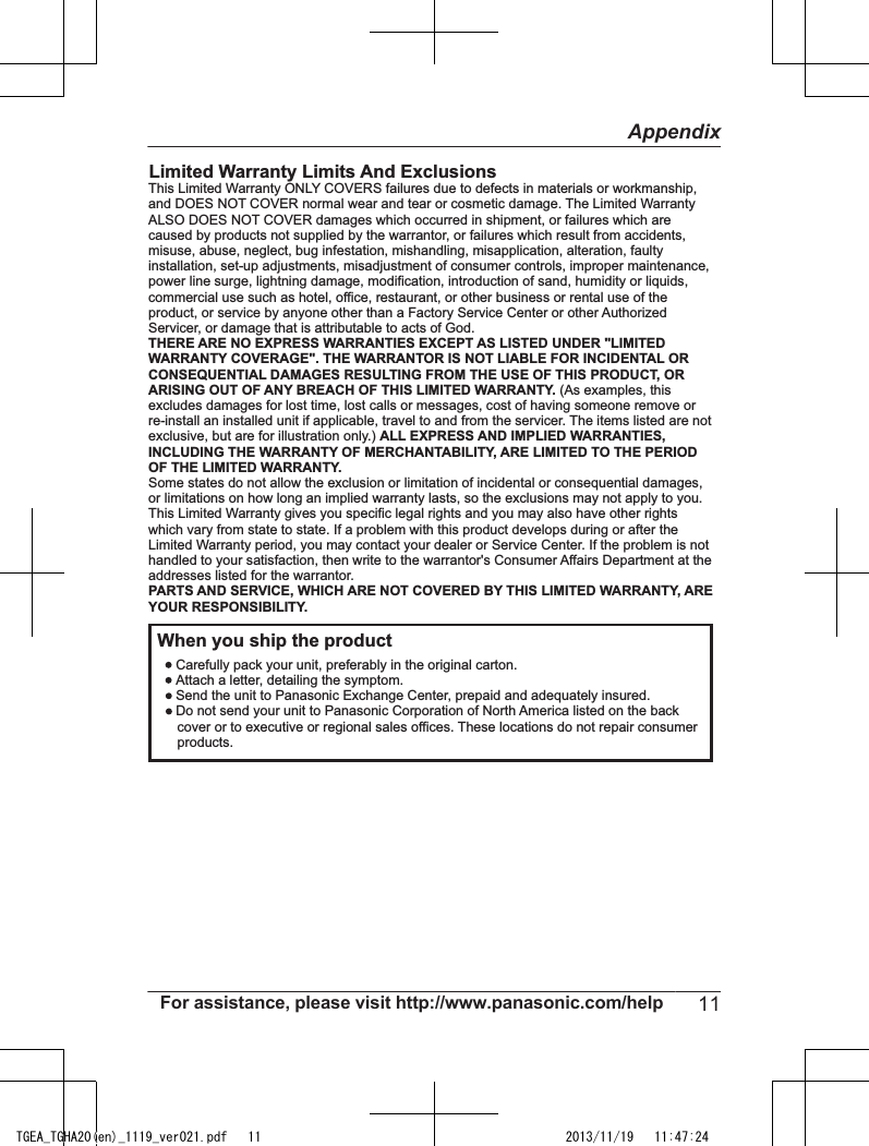 Page 11 of 12 - Panasonic Panasonic-Kx-Tgea20-Users-Manual- Installation Manual (English)  Panasonic-kx-tgea20-users-manual