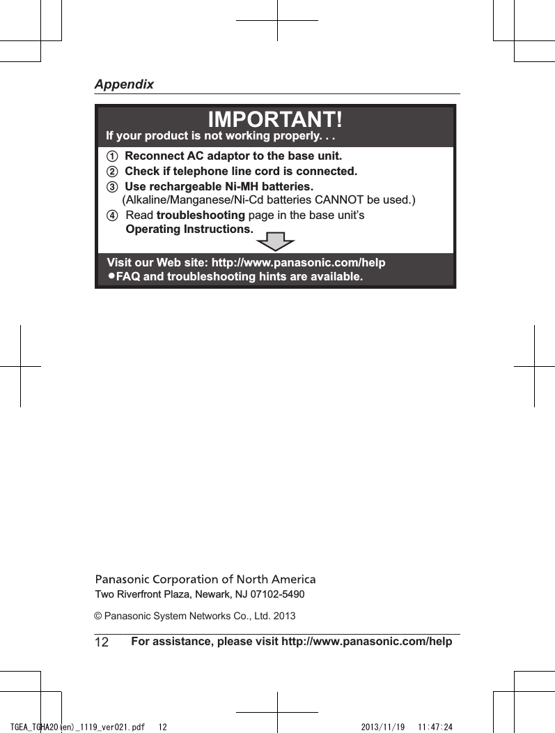 Panasonic Model Kx Tgea20 User Manual