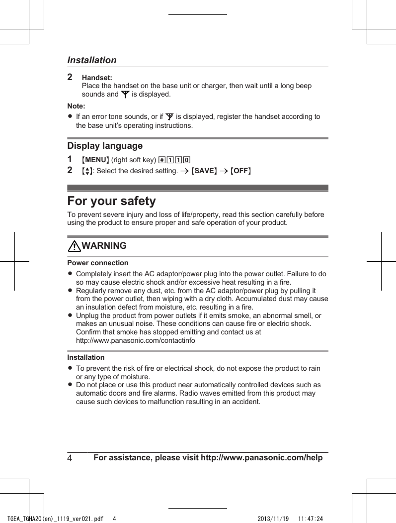 Page 4 of 12 - Panasonic Panasonic-Kx-Tgea20-Users-Manual- Installation Manual (English)  Panasonic-kx-tgea20-users-manual