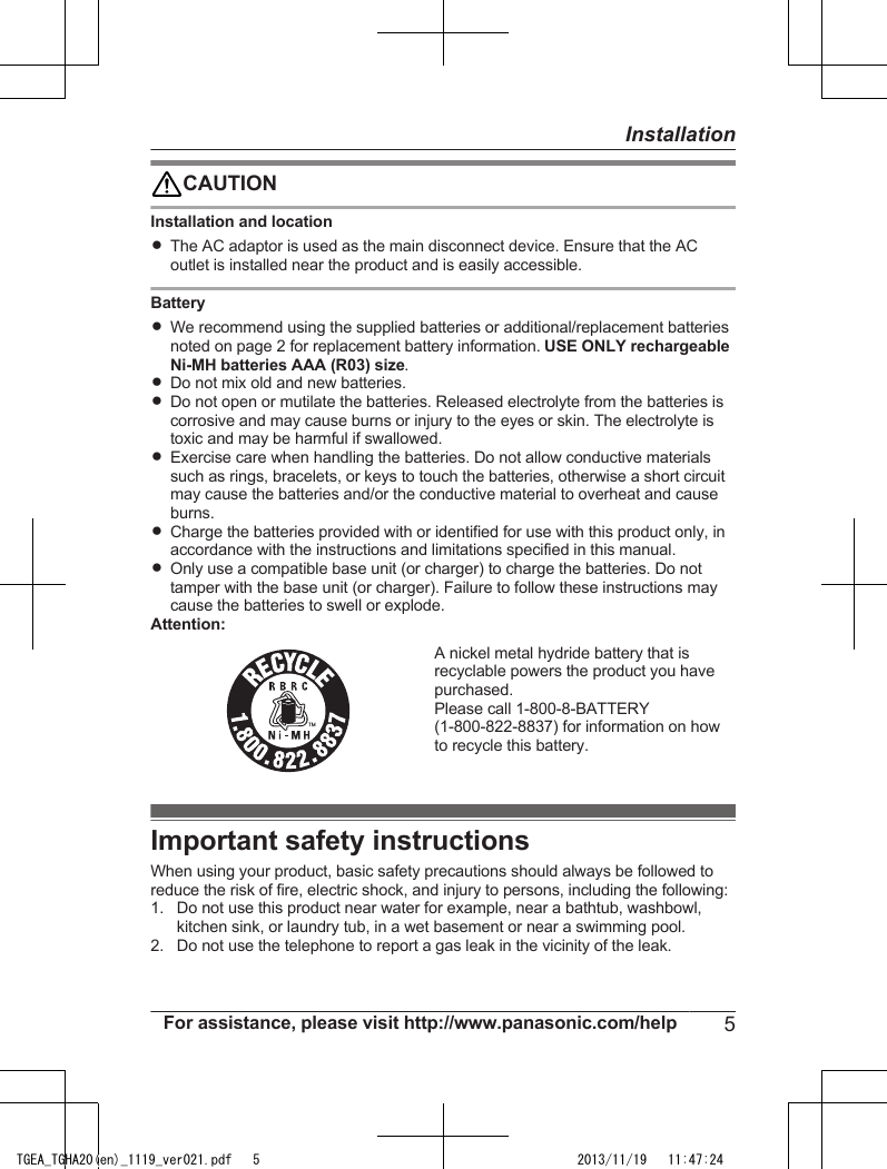 Panasonic Kx Tgea20 Users Manual Installation (English)