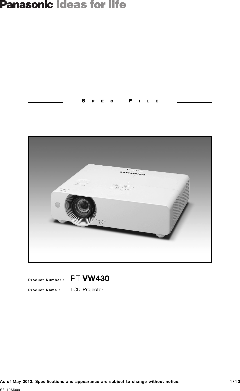 Panasonic Pt Vw430U Specification Sheet VW430 Spec File