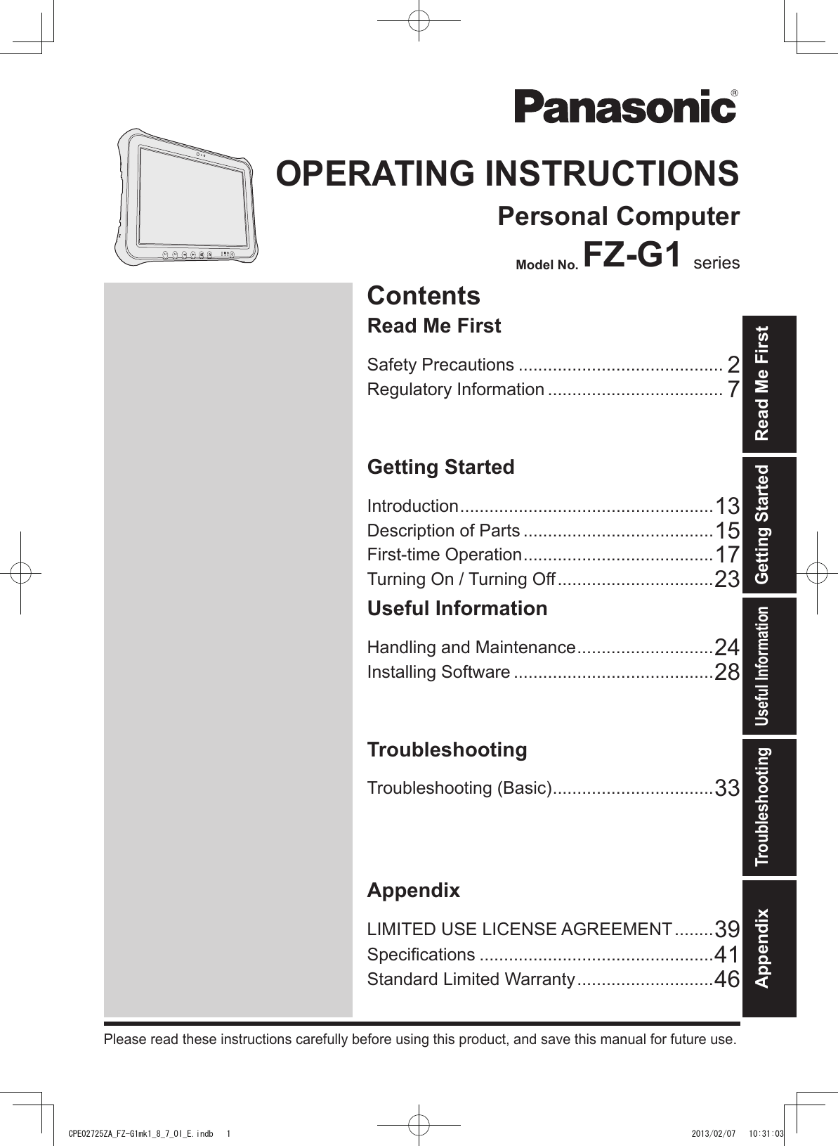 Panasonic Toughpad Fz G1 Operating Instructions Manual