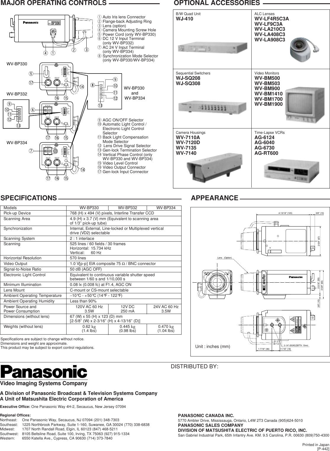 Panasonic Wv Bp330 Specification Sheet