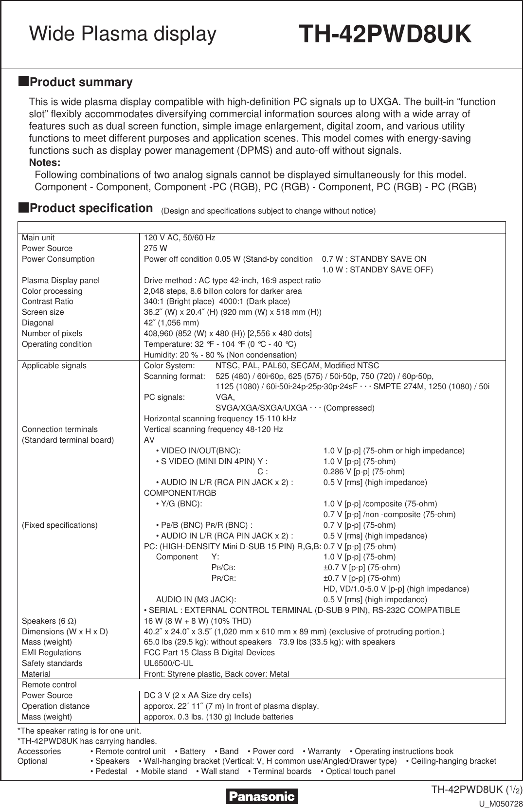 Page 1 of 2 - Panasonic U_TH_42PWD8UK_1 If Not Then S TH-42PWD8UK